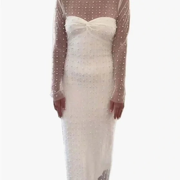 Sheer Pearl Mesh Overlay Long Sleeve Dress - Picture 6 of 6